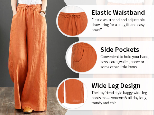 Women''s Loose Trousers Linen High Waist Wide Leg Pants with Pockets for Spring Summer