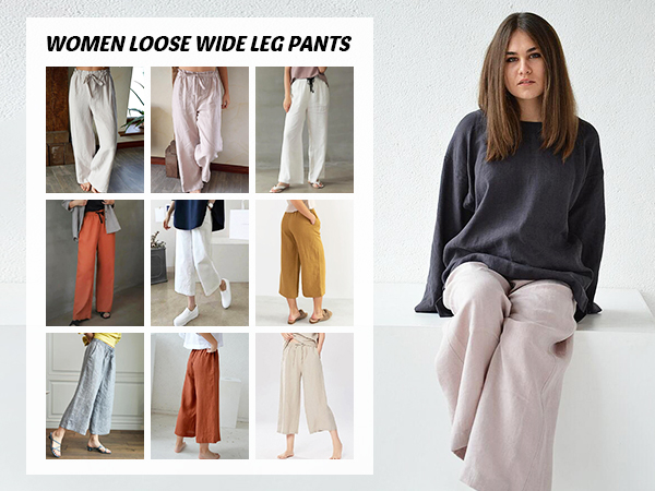 Women''s Loose Trousers Linen High Waist Wide Leg Pants with Pockets for Spring Summer