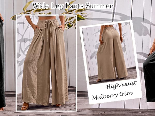 Flowy Wide Leg Palazzo Pants for Women Dressy Summer Casual Lounge Long Trousers with Pocket