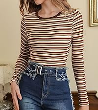 Milumia Women''s Striped Rib Knit Long Sleeve Crop Tee Crew Neck Fitted T Shirts Tops