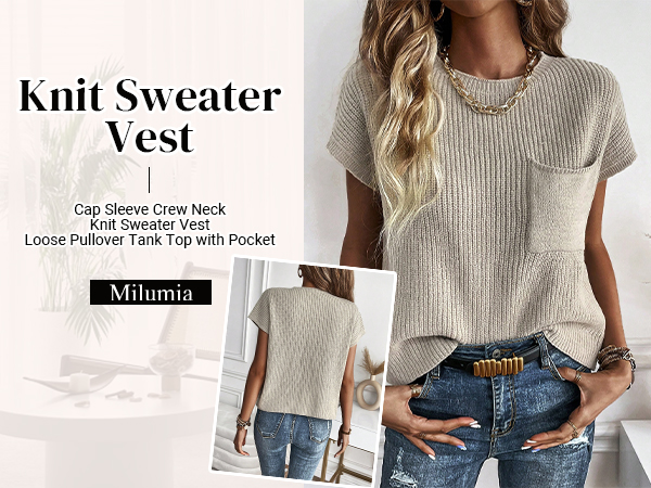 Short Cap Sleeve Crew Neck Knit Sweater Vest Loose Pullover Tank Top with Pocket