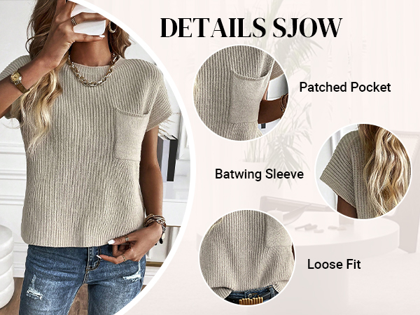 Short Cap Sleeve Crew Neck Knit Sweater Vest Loose Pullover Tank Top with Pocket