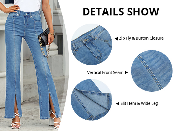 GRAPENT Blue Seamed Front Slit Leg Wide Leg Jeans