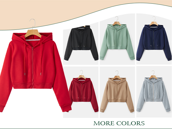  Drawstring Full Zip Hooded Jacket Crop Sweatshirt