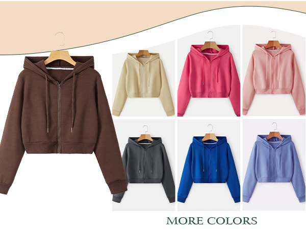  Drawstring Full Zip Hooded Jacket Crop Sweatshirt