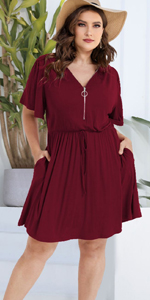 Womens Plus Size Dress Zipper V Neck Solid Flutter Short Sleeve Tie Waist Mini Dress with Pockets