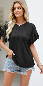 Womens Tops Summer Crewneck Ruffle Short Sleeve Shirts Casual Blouse Loose Fit Tunic Top