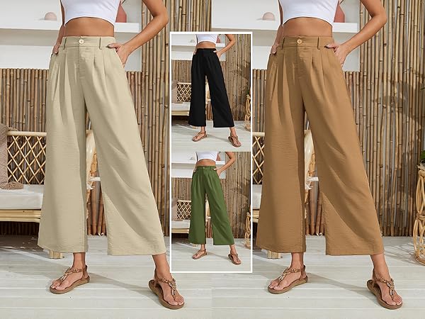 KICZOY Linnet Pants for Women Elastic Waist Wide Leg Cropped Pants Trousers Loose Fit with Pockets…