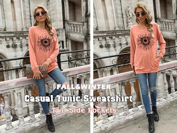 Orange Long Sleeve Tunic Tops-1790