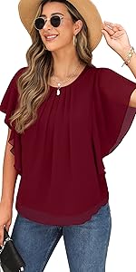 QIXING Women&#39;s Summer Casual Loose Short Sleeve Round Neck T-Shirt Chiffon Tops Blouses