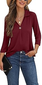 QIXING Womens V Neck Shirts Long Sleeve Casual Loose Tops Blouses