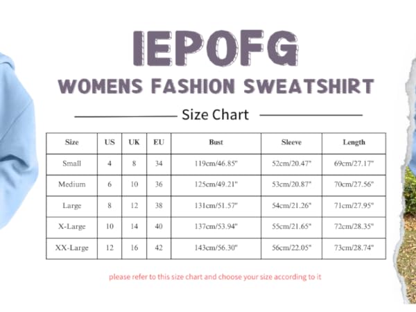 IEPOFG Womens Oversized Sweatshirt Size Chart