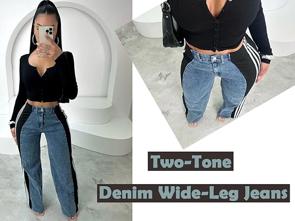 Women&#39;s Two-Tone Denim Wide-Leg Jeans with Contrast Side Stripe – High-Waisted Retro Fashion