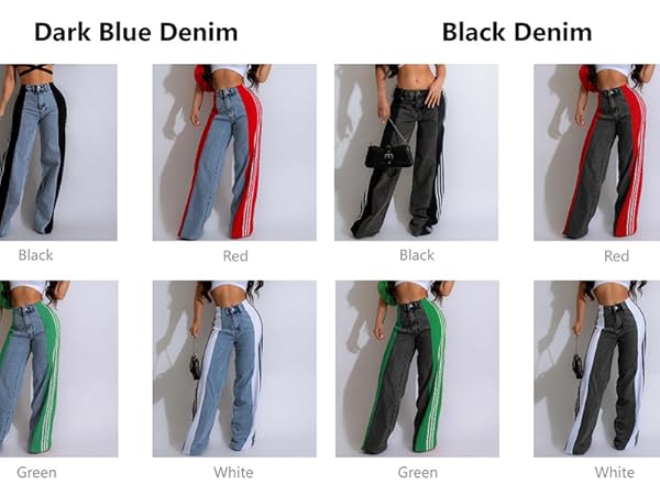 Women&#39;s Two-Tone Denim Wide Leg Jeans with Contrast Side Stripe High-Waisted Retro Fashion