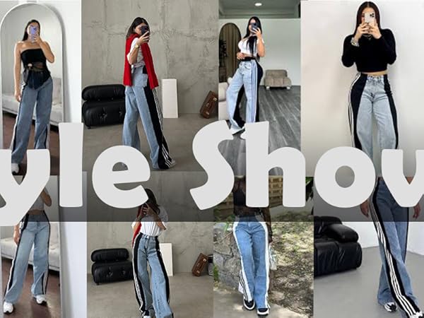 Women Jeans with Patchwork Stripes High Waist Loose Denim Color Block Jean Straight Wide Leg Pants