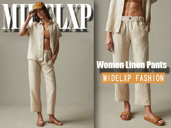 Womens Pull on Capris Summer Casual Elastic High Waisted Linen Pants Comfy Cropped Wide Leg Pants