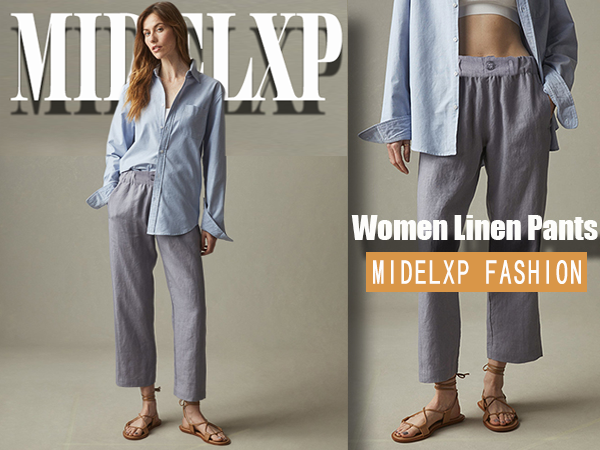 Womens Pull on Capris Summer Casual Elastic High Waisted Linen Pants Comfy Cropped Wide Leg Pants