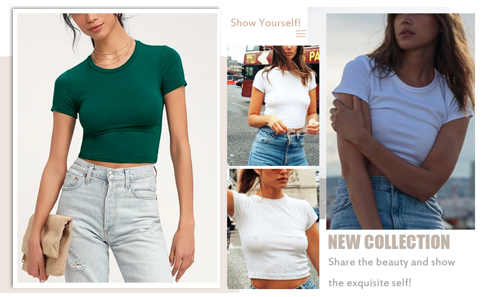 Women''s Summer Causal Short Sleeve Blouse Round Neck Crop Tops