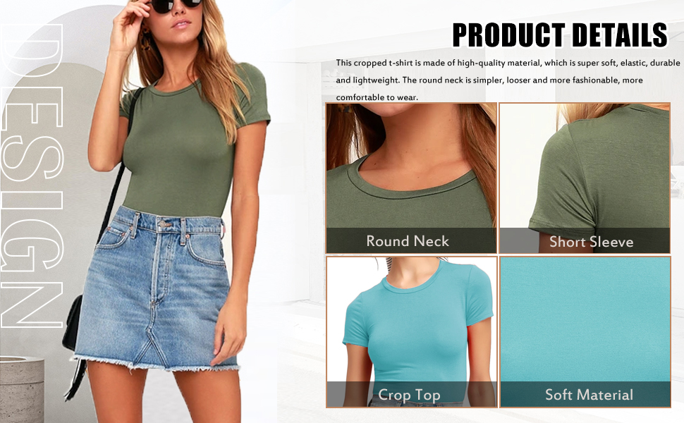 Women''s Summer Causal Short Sleeve Blouse Round Neck Crop Tops