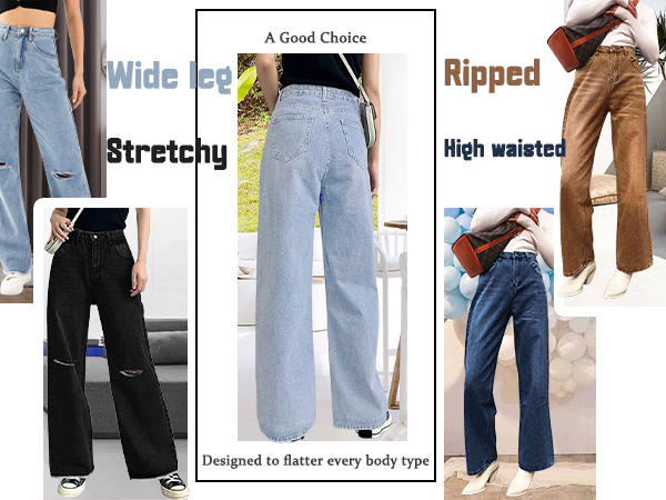 Women''s Wide Leg Denim Jeans High Waisted Loose Straight Ripped Distressed Stretchy Baggy Denim Pant