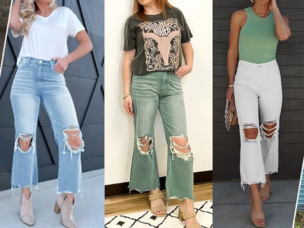 High Waisted Ripped Flare Jeans for Women