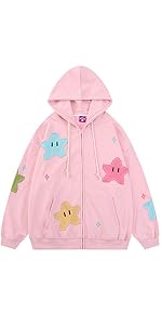 Cute Zip Up Hoodies for Women Star Patchwork Oversized Hooded Top