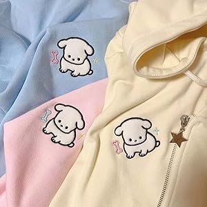 Kawaii Zip Up Hoodie Women Cute Cartoon Embroidery Oversized Pullover Sweatshirt