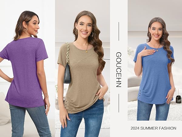 GOUCHEN Womens Tops Summer Casual Short Sleeve T Shirts Buttons Pleated Blouses Trendy Tunic