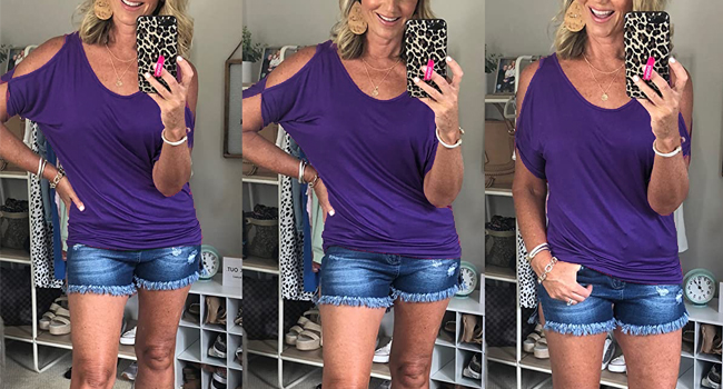 Purple Tops for Women Summer Cold Shoulder Shirts