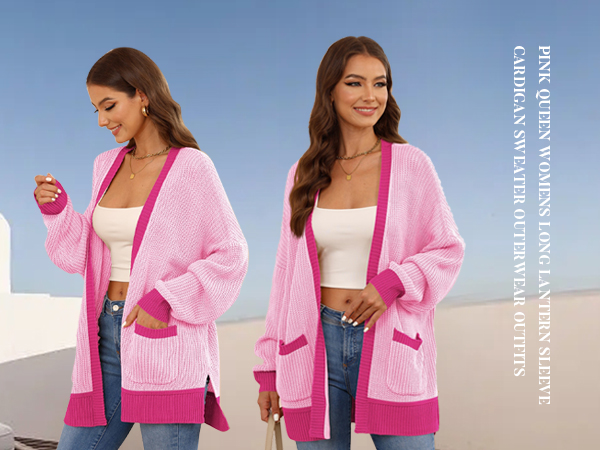 Pink Queen Womens Long Lantern Sleeve Cardigan Sweater Outerwear Outfits