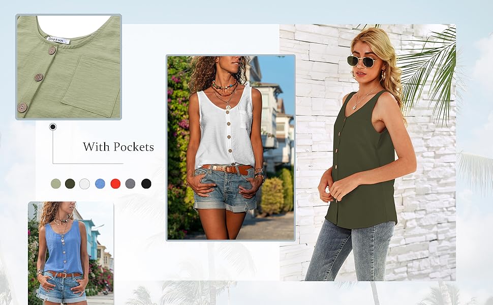 button down sleeveless tops with pocket