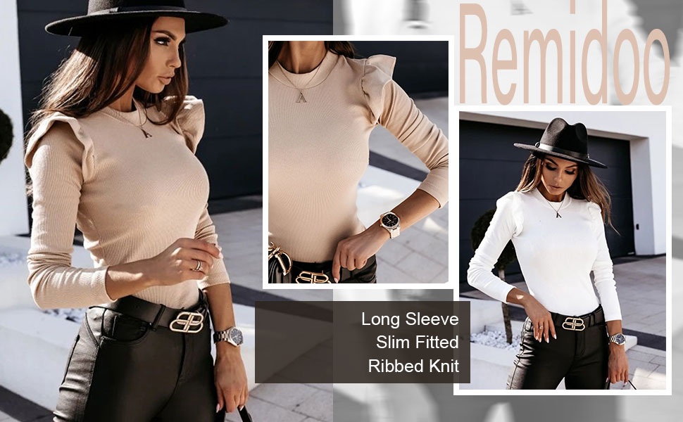 Ruffle Shoulder Ribbed Knit Shirts