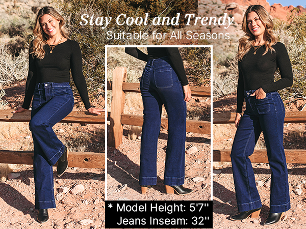 GRAPENT wide leg high waisted jeans with duo pockets in the front 32 inch denim pants navy blue