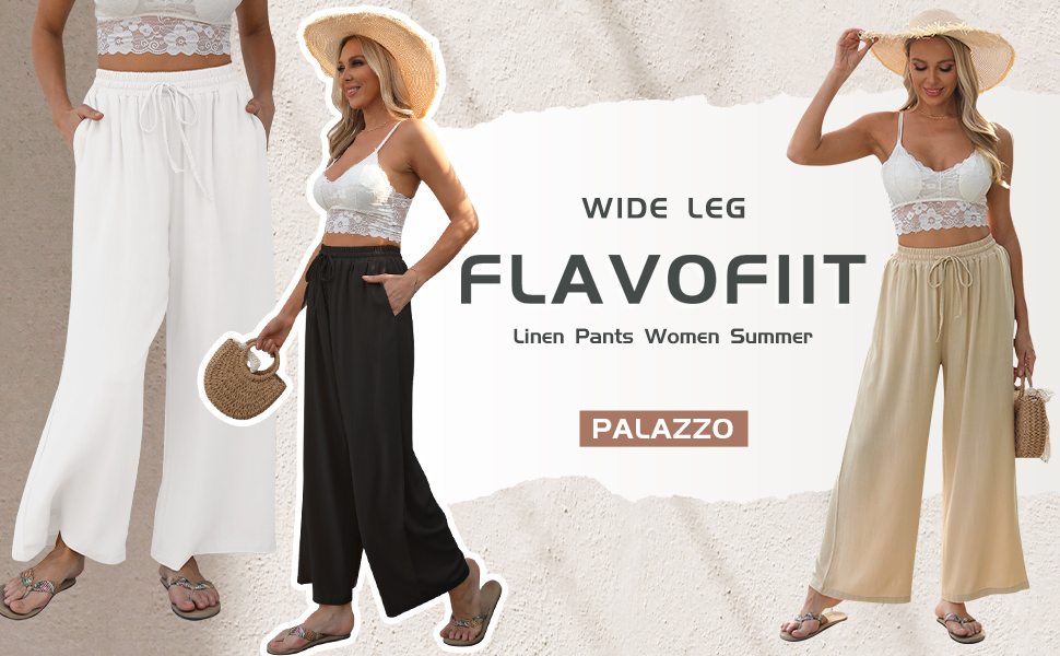 Women Linen Wide Leg Palazzo Pants Summer High Waist Casual Lounge Travel Trousers with Pockets