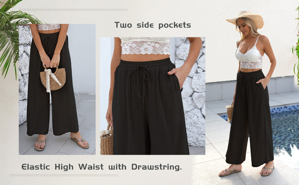 linen wide leg palazzo beach pants trousers women summer casual high waist pockets lounge black