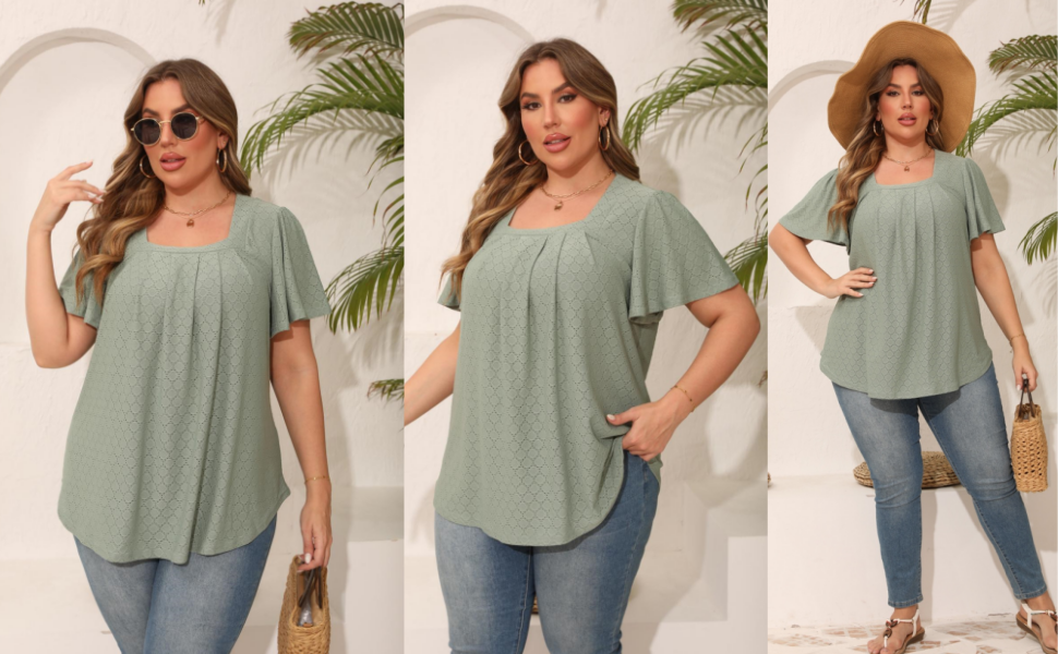 Square Neck Ruffle Sleeve Loose T shirts Plus Size