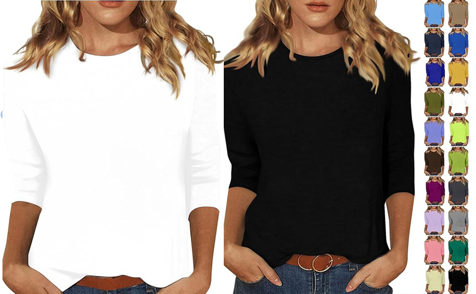 3/4 Length Sleeve Womens Tops Button Down Summer Henley Neck T Shirts 