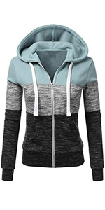 Hoodies for Women Color Block Hooded Sweatshirt Basic Zip-Up Jersey Jacket Long Sleeve Top