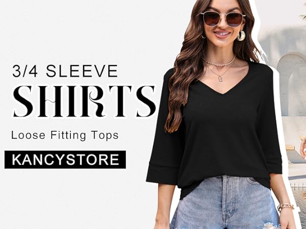 3/4 length sleeve womens tops v neck