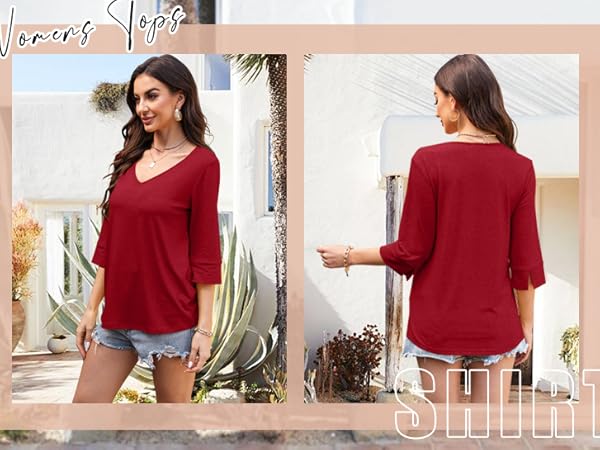 3/4 sleeve tops for women v neck