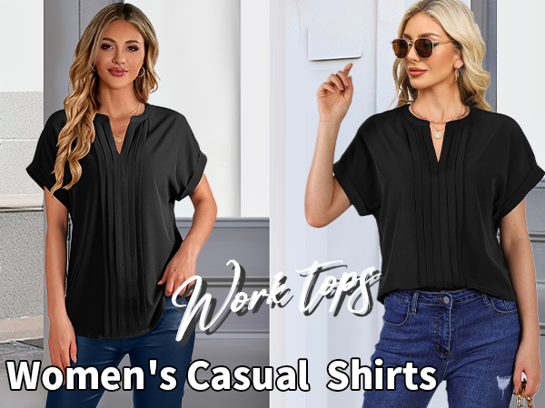 womens casual v neck short sleeve summer black shirts tops loose blouses business