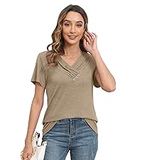 Womens Tops Summer Casual Short Sleeve Shirts Pleated V Neck Blouses 2024 Dressy T Shirt