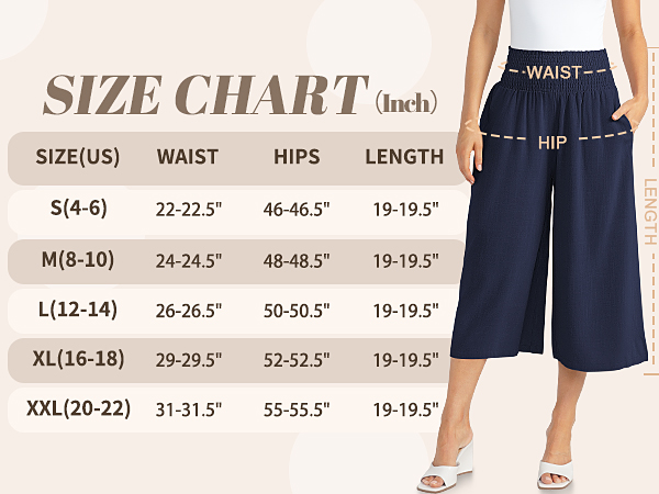 Size Chart of Ladies wide leg Pants