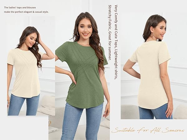 YSYOKOW Womens Summer Tops Casual Short Sleeve T Shirts Dressy Loose Blouses Trendy Pleated Tunic