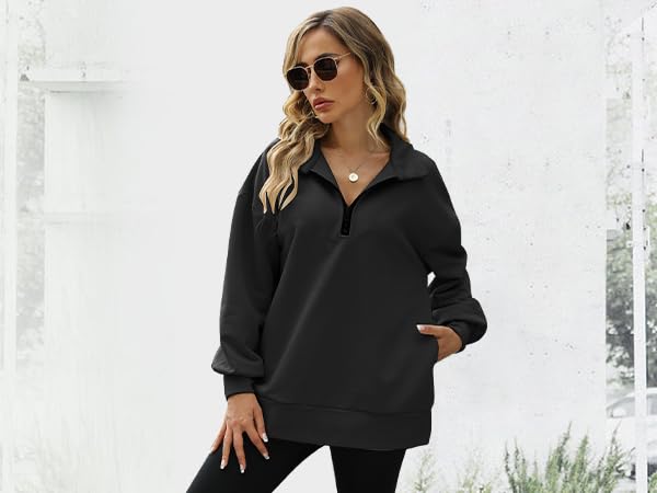 Casual boyfriend sweatshirt women, long sleeve collar pullover top, half zip pullover women