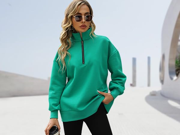 half zip pullover women, oversized fleece sweatshirt