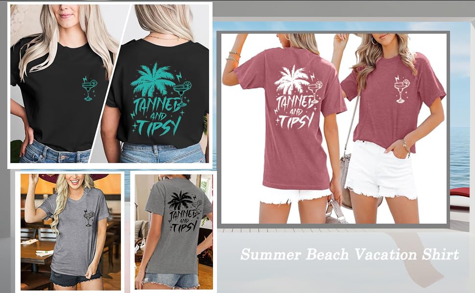 Tanned and Tipsy  T-Shirt Women Beach Party Shirt Funny Letter Print Casual Blouse Tops Tees