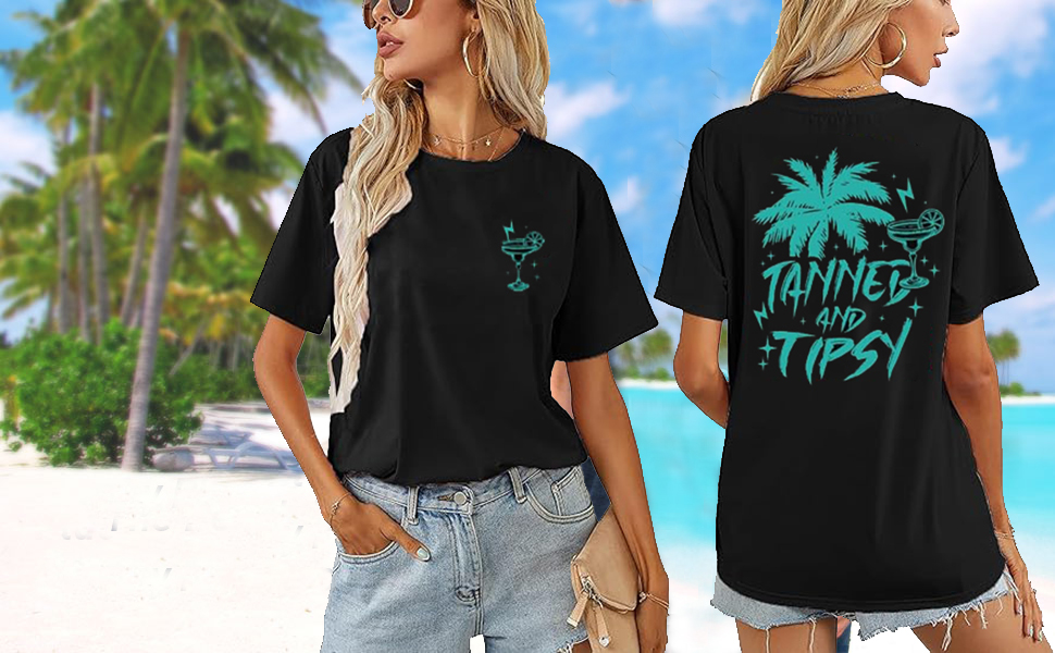 Tanned and Tipsy Beach Summer Tops Coconut Tree Vacation Tops for Women T Shirts 