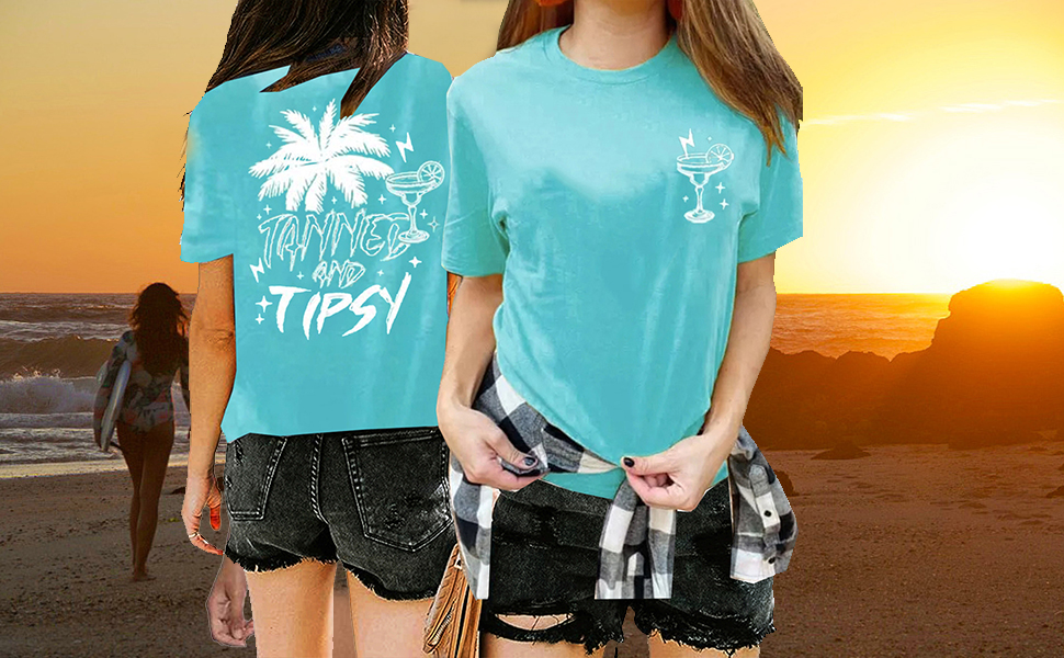 Tanned and Tipsy Beach Summer T-Shirt Summer Beach Vacation Outfits for Women  Graphic T-Shirt Top