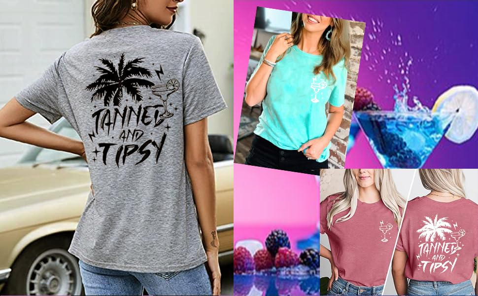 Women Tanned and Tipsy Shirt Funny Palm Tree Graphic Beach Party Tee Tops